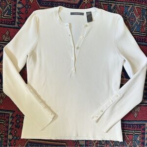 Cotton Ribbed Henley Long-Sleeve Top - White M